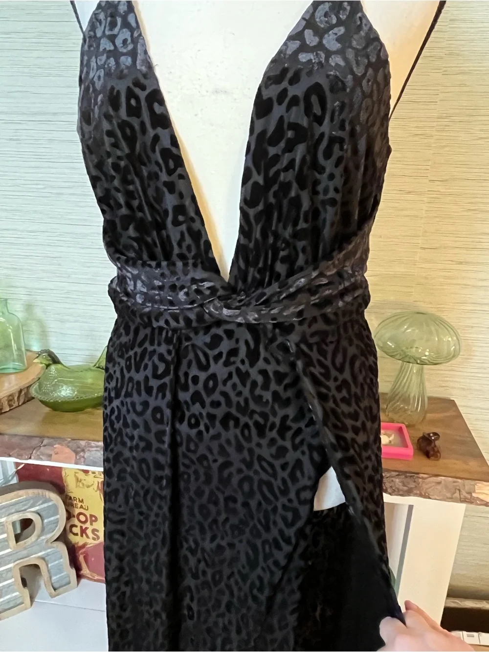 Luxxel Black Cheetah Maxi Dress Gown “Center Stage” Bodysuit Women’s Size M NWT